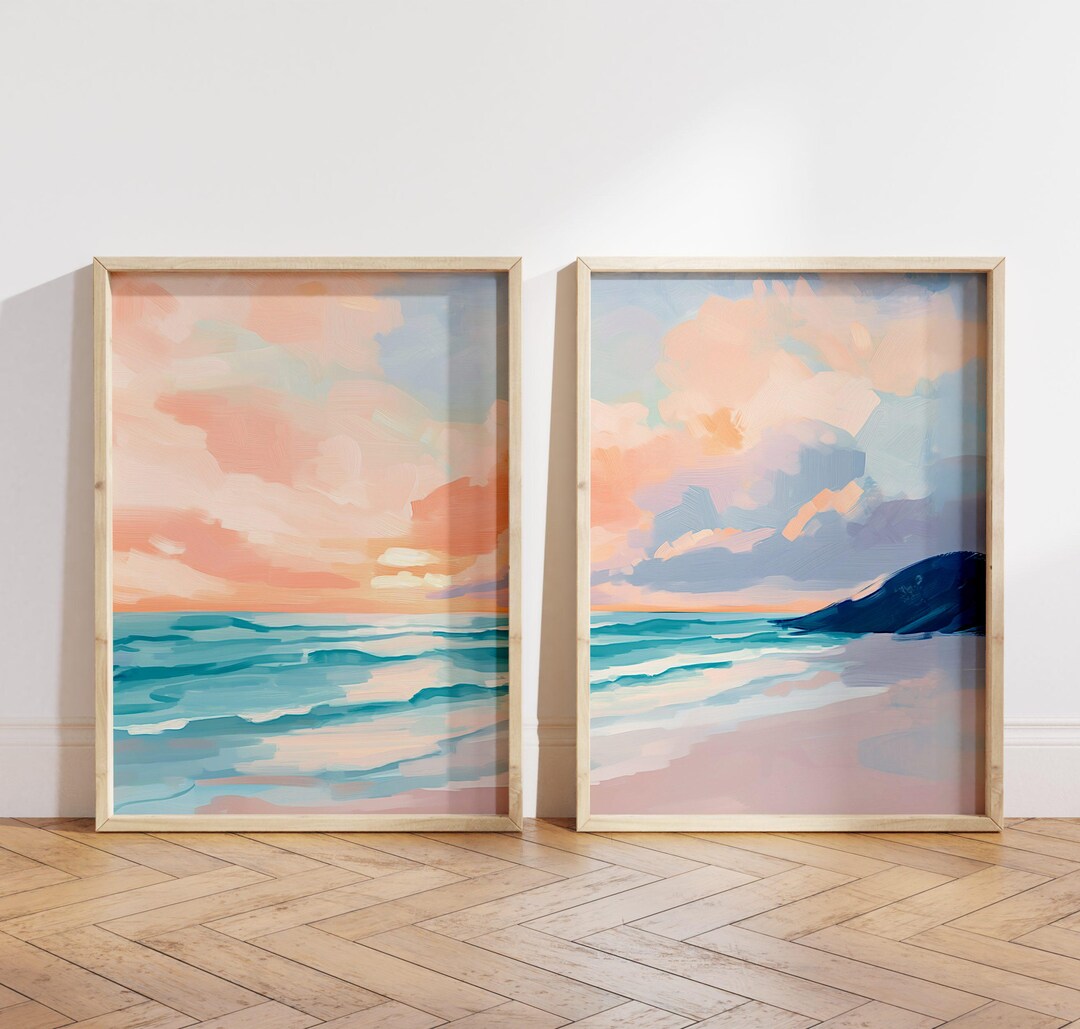 Coastal Wall Art Set of 2, Ocean Beach Sunset Painting Duo, Pastel ...