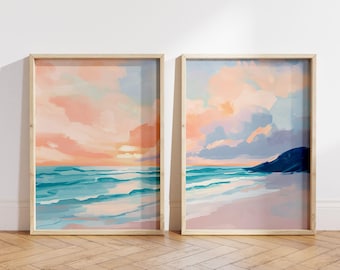 Juego de 2 cuadros de arte costero para pared, dúo de pinturas con atardeceres en la playa, impresiones de paisajes pastel, decoración náutica para casa de playa - Atardecer colorido en el océano
