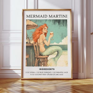 Meerjungfrau Martini Cocktail Druck: Retro Strandbar Kunst - Meerjungfrau Druck - Tiki Bar Poster - Meerjungfrau Cocktail Druck