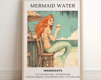 Mermaid Cocktail Poster: Mermaid Water Print - Retro Beach Bar Art - Mermaid Print - Tiki Bar Poster