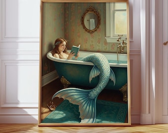 Mermaid in Bathtub Reading Book Print, Vintage Bathroom Decor, Coastal Mermaidcore Artwork, Booklover Art Print, Fantasy Ocean Poster