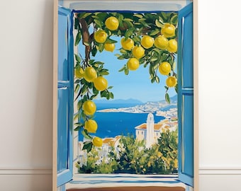 地中海の窓とレモンのプリント - 海岸沿いのレモンの木のポスター