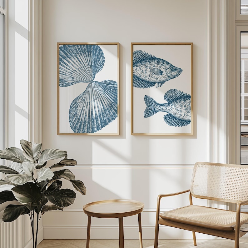 Blue Shell Ptints Coastal Wall Art Set - Blue Sea Shell Prints - Boho Beach House Decor ...