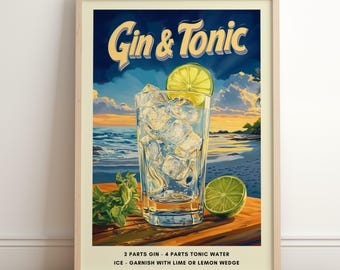Gin & Tonic Art Print | Retro Cocktail Print | Bar Cart Decor | Gin Tonic Recipe Poster | Beachy Drink Poster | Trendy Printable Wall Art
