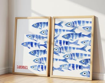 Sardines Print Set - Blue Watercolor Fish Print - Sardine Poster - Beach House Nautical Decor - Coastal Wall Art, Retro Mediterranean Poster