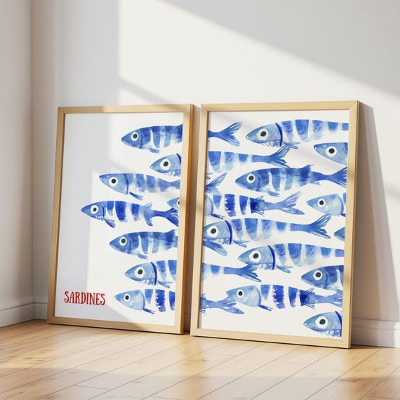 Sardines Print Set - Blue Watercolor Fish Print - Sardine Poster - Beach House Nautical Decor - Coastal Wall Art, Retro Mediterranean Poster
