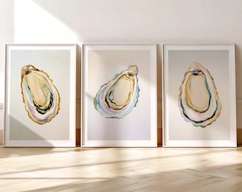 Set di 3 stampe murali Oyster Wall Art: stampe costiere in acquerello pastello (download digitale)