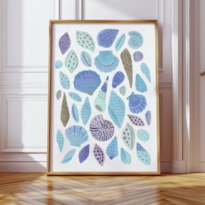 Impressão de conchas azuis: arte de parede náutica costeira - impressão da coleção de conchas - pôster de conchas em aquarela