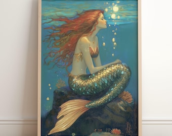 Mermaid Wall Art Printable, Ocean Mermaid Bathroom Decor, Underwater Fantasy Siren Poster, Coastal Girl Room Art, Dreamy Mermaid Painting