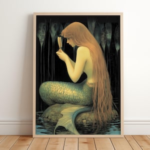 Mystical Mermaid Wall Art Printable - Vintage Ocean Aesthetic, Enchanted Sea Nymph Poster, Dark Academia Fantasy Mermaid Digital Download