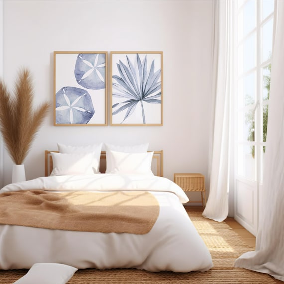 Coastal Wall Art Set of 2 - Blue Palm Leaf & Sand Dollar Watercolor Prints - Neutral Coastal Art - Marine Life Posters - Nautical Artwork