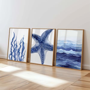 Juego de 3 cuadros de arte costero para pared, impresiones en acuarela de océano azul, algas marinas, estrellas de mar, decoración de playa, impresiones playeras, póster de vida marina, obras de arte náuticas
