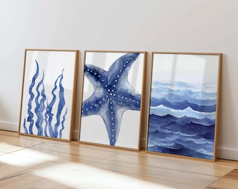 Kustmuurkunst set van 3 - aquarelprints blauwe oceaan - zeewier en zeester - decor strandhuis - poster zeeleven - nautisch kunstwerk