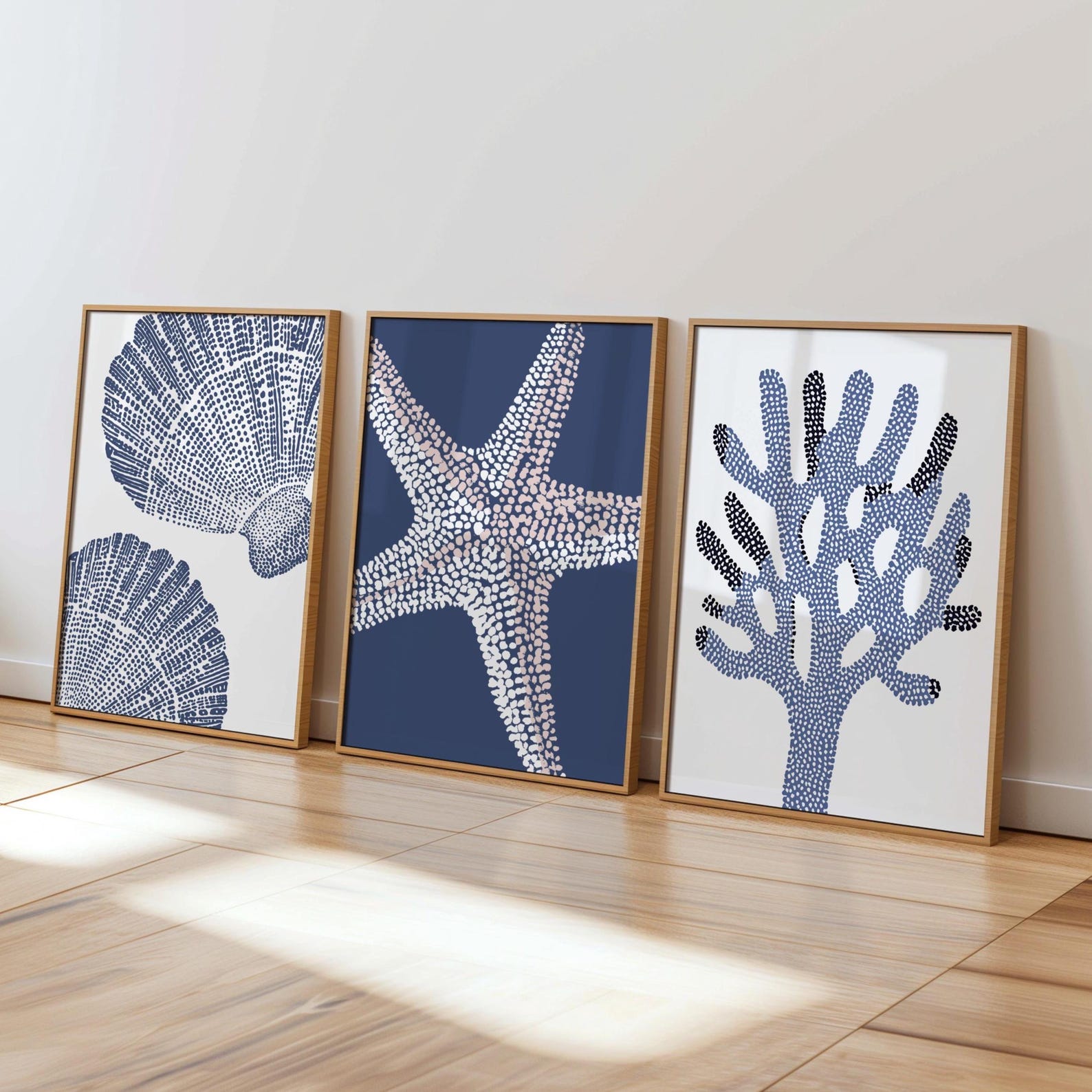 Coastal Wall Art Set: Navy Blue Coral, Shell, Starfish Prints (digital ...
