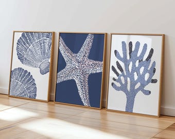 Muurkunstset kust: marineblauw koraal, schelp, zeesterprints (digitale download), decor strandhuis