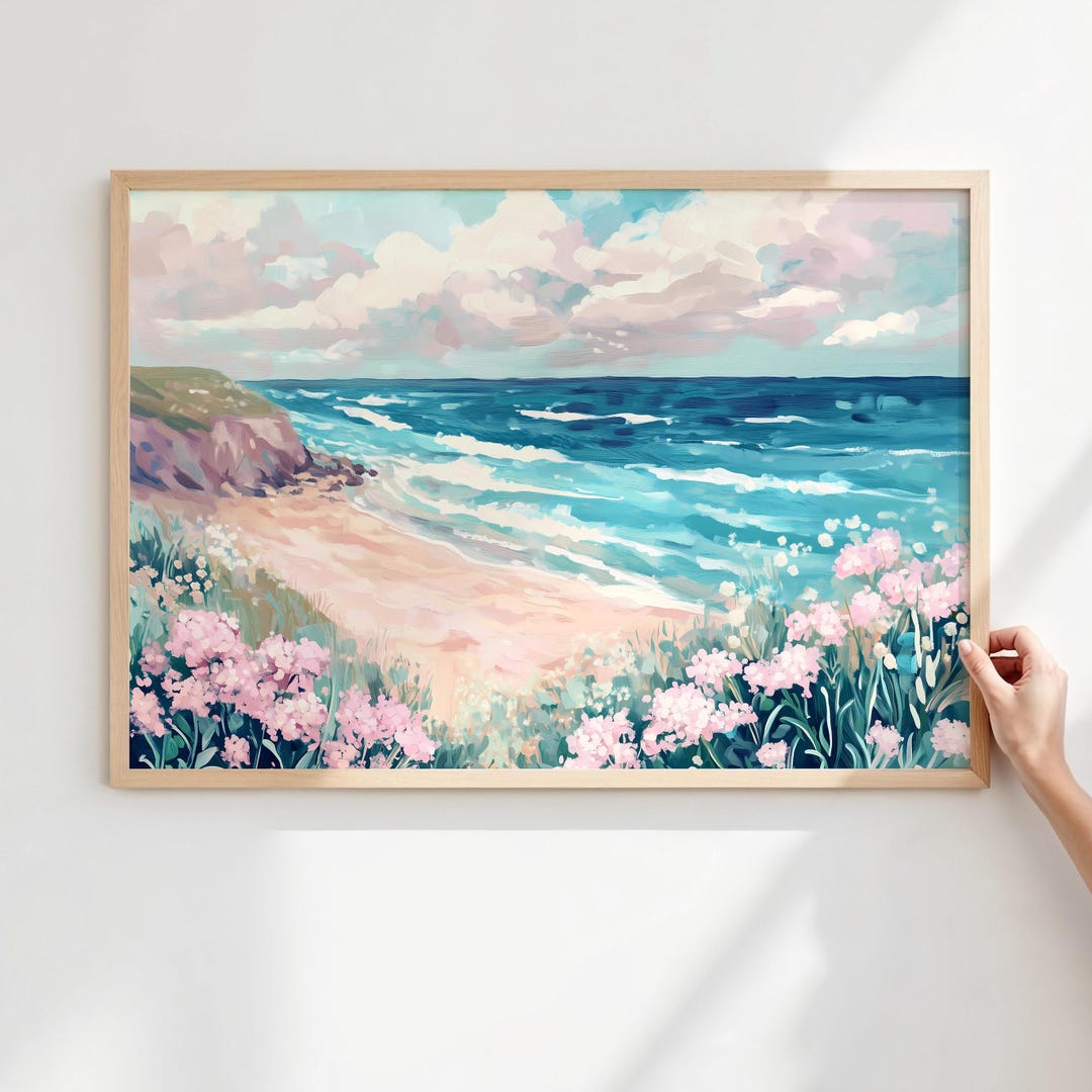 Coastal Wall Art | Beach With Wildflowers | Ocean Seascape With Pink ...