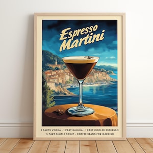 Wydruk artystyczny Espresso Martini | Wydruk koktajlowy w stylu retro | Dekoracja wózka barowego | Plakat z przepisem na Espresso Martini | Plakat z koktajlem plażowym