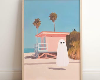 Sommarspökstrandtryck: Retro Halloween-kustkonst (digital nedladdning)