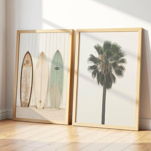 Surfboard Wall Art - California Coastal Wall Art Set of 2 - Surfboards & Palm Tree Prints - Beach House Decor, Minimalist Surf Art