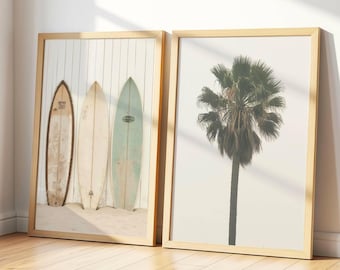 Surfboard Wall Art - Coastal Wall Art Set of 2 - Surfboards & Palm Tree Prints - Beach House Decor, Elegant Coastal Decor