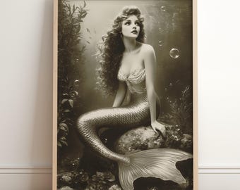 Vintage Mermaid Wall Art Printable - Black and White Mermaid Photo