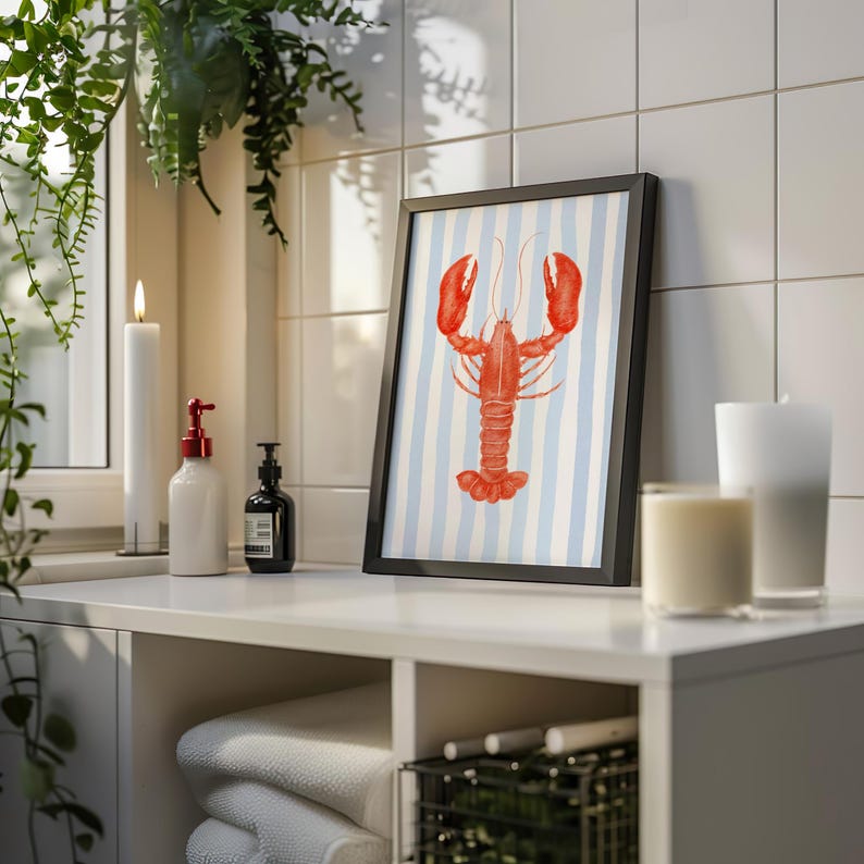 Lobster Print with Blue Stripes - Beach House Decor - Coastal Kitchen Art - Printable Wall Art - Nautical Poster - Fisherman Aesthetic retro wall art
coastal wall decor
beach vibe print
summer digital art
playful wall decor
minimalist beach art
retro summer decor
printable wall art
striped preppy art
querky dormroom
red lobster poster
beachy print lobster
fisherman aesthetic