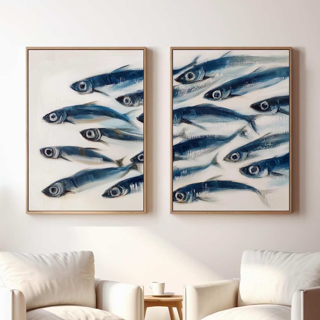 Sardines Print Set - Blue Fish Painting Duo - Sardine Poster - Beach House Nautical Decor - Coastal Wall Art - Retro Mediterranean Poster