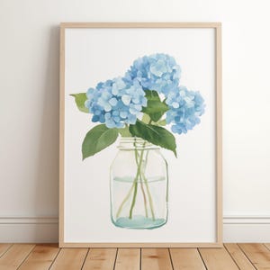 Impression aquarelle d&#39;hortensias bleus : art mural côtier Cottagecore (téléchargement numérique)