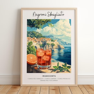 Negroni Art Print | Bar Cart Decor | Negroni Sbagliato Recipe Poster | Beachy Cocktail Drink Poster | Retro Cocktail Print, Trendy Printable