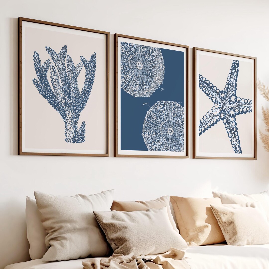 Navy Blue Coastal Wall Art Set of 3 – Coral, Starfish & Sand Dollar ...