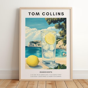 Tom Collins Art Print, Bar Cart Decor, Tom Collins Recipe Poster, Beachy Cocktail Drink Poster, Retro Cocktail Print, Trendy Printable Wall