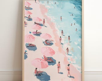 Pink Umbrella Beach Wall Art - Retro Coastal Summer Poster - Preppy Pastel Beach Decor - Seaside Digital Print - Aerial Ocean Painting
