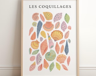 Pastel Sea Shell Poster - Les Coquillages Coastal Print - Colorful Sea Shell Collection Print