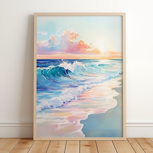 ピンクの海岸の水彩画 | カラフルな海の夕日の絵 | パステル調のビーチハウス印象派の印刷物 | 鮮やかな海のデジタルダウンロード