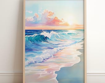 Pink Coastal Watercolor Art | Colorful Ocean Sunset Painting | Pastel Beach House Impressionist Printable | Vibrant Sea Digital Download
