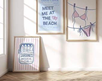 Coastal Wall Art Set / Bikini Line Print / Sardines Poster / Girly Dorm Decor / Blue & Pink Preppy Beachy Prints
