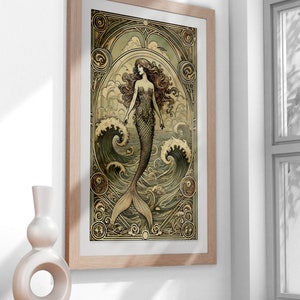Mermaid Wall Art, Art Nouveau Style, Ocean Themed Decor, Sea Creature ...