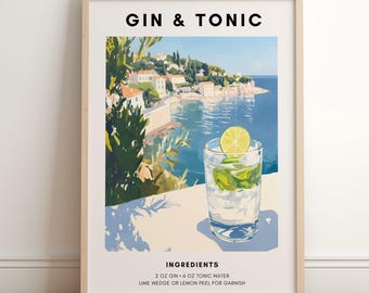 Gin and Tonic Poster | Bar Cart Decor | Gin & Tonic Recipe Print | Beachy Drink | Retro Cocktail Print | Trendy Printable Wall Art