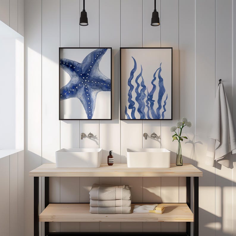 Coastal Wall Art Set of 3 - Blue Ocean Watercolor Prints - Seaweed ...