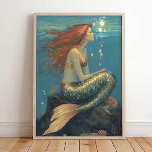 Mermaid Wall Art Printable, Ocean Mermaid Bathroom Decor, Underwater Fantasy Siren Poster, Coastal Girl Room Art, Dreamy Mermaid Painting