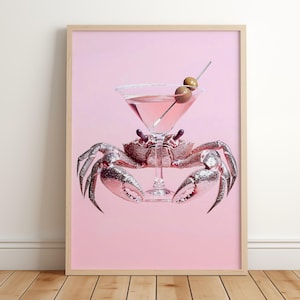 Arte maximalista de martini de cangrejo rosa, impresión costera de martini sucio, comedor de mariscos, póster preppy, impresión de cóctel de cangrejo, arte de bar náutico