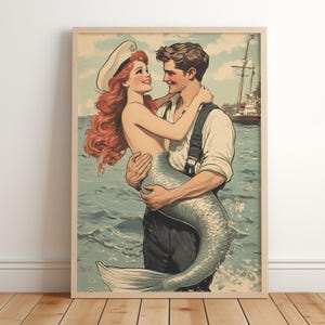 Vintage Mermaid and Sailor Coastal Print: Retro Nautical Wall Art (Digital Download