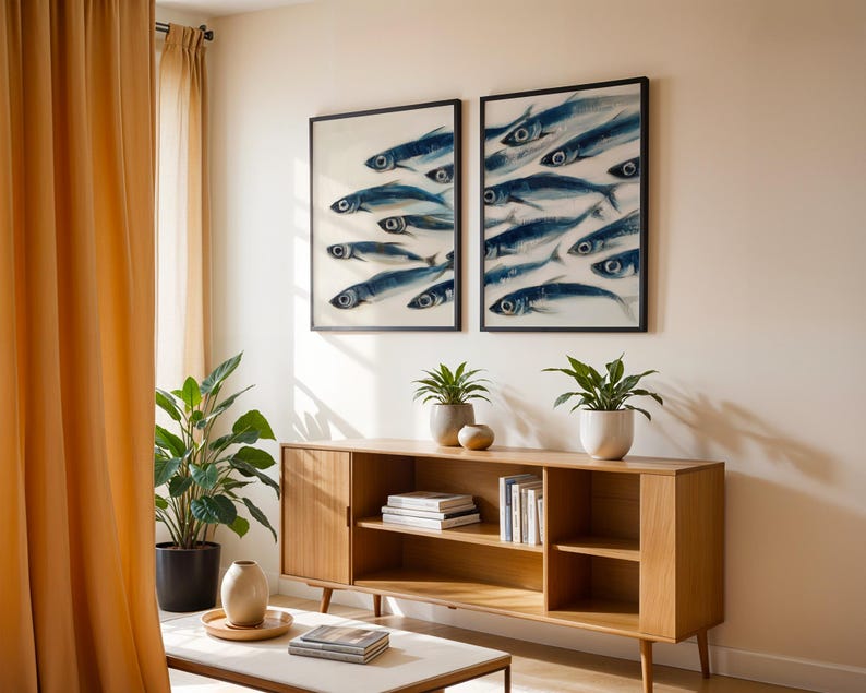 Sardines Print Set - Blue Fish Painting Duo - Sardine Poster - Beach House Nautical Decor - Coastal Wall Art - Retro Mediterranean Poster coastal wall art
nautical decor
beach house art
watercolor fish
ocean wall art
beach decor
coastal decor
fish illustration
sardines print
sardines set of 2
retro fish poster
mid century modern
fisherman aesthetic