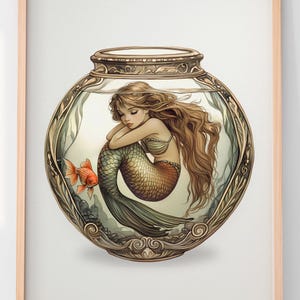 Mermaid in Fishbowl Art Nouveau Print: Fantasy Ocean Decor (Digital Download)