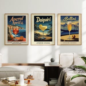 Zestaw 3 wydruków przepisów na koktajle, dekoracja retro wózka barowego, Aperol Spritz-Bellini-Daiquiri, wydruk alkoholowy na plaży, kolorowa drukowana sztuka ścienna