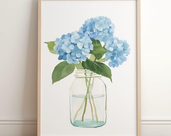Blue Hydrangeas Watercolor Print: Coastal Cottagecore Wall Art (Digital Download), Grandmillennial Flower Painting