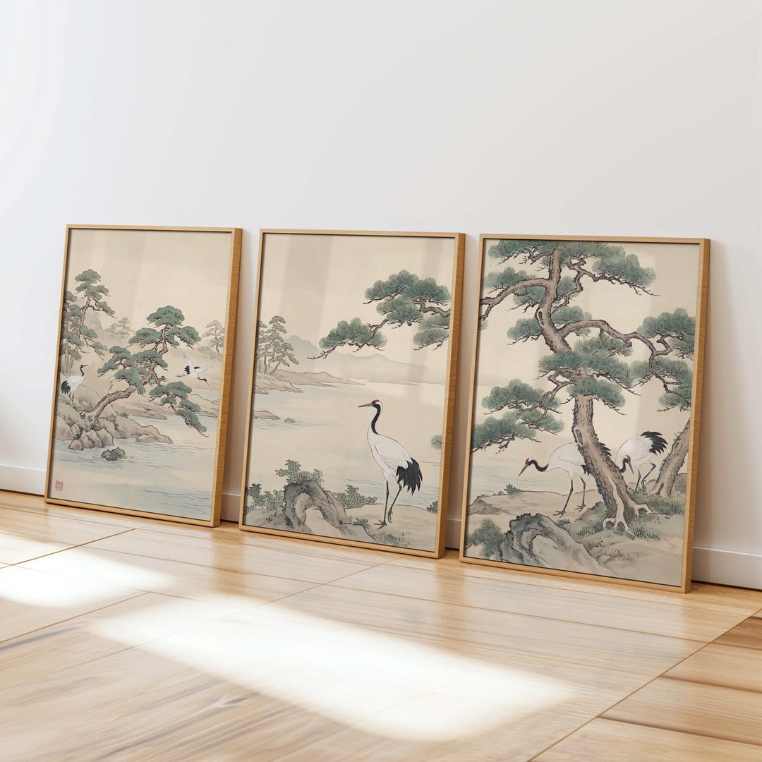 Japanese Landscape Wall Art Set - Cranes and Pine Trees Prints ...