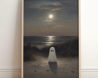 Summerween Decor Ghost Beach Print - Summer Halloween Wall Art - Spooky Coastal Decor - Night Time Ocean Full Moon Painting