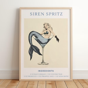 Póster de cóctel de sirena / Decoración de carrito de bar / Impresión de bar de playa / Receta de cóctel retro / Sirena en copa de martini / Impresión artística de sirena vintage