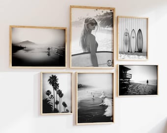 Surfboard Wall Art Set - Black & White Surf Posters - Retro Surf Photography - California Vintage Surfers - Surf Lover Gift